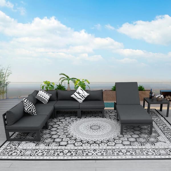 FINCATI 7 Piece Dark Gray Large Outdoor Aluminum Patio Conversation Sectional Set, Side Tables and Chaise with Gray Cushions