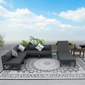 7 Piece Dark Gray Large Outdoor Aluminum Patio Conversation Sectional Set, Side Tables and Chaise with Gray Cushions