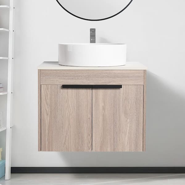 Modern 23.6 in. W x 18.9 in. D x 23.8 in . H Floating Bath Vanity in White Oak with White Ceramic Top