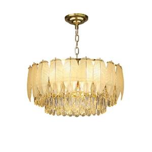 20 in. 9-Light Modern Crystal Chandelier, Adjustable Round Feather Crystal Pendant Light for Living Room, Bulbs Included