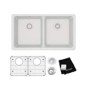 Quartz Classic White Quartz 33 in. Equal Double Bowl Undermount Kitchen Sink with Bottom Grid and Drain