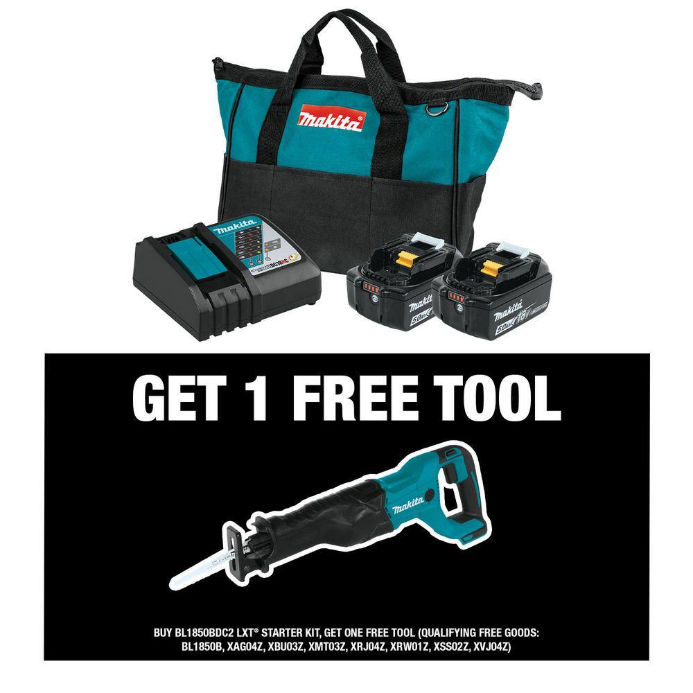 Makita 18V LXT Lithium-Ion Battery and Rapid Optimum Charger Starter Pack (5.0Ah) with bonus 18V LXT Reciprocating Saw -  BL1850BDC2XRJ04