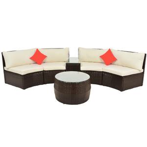 4-Piece Wicker Outdoor Half-Moon Sectional Sofa Set Conversation Set with Beige Cushions and Coffee Table
