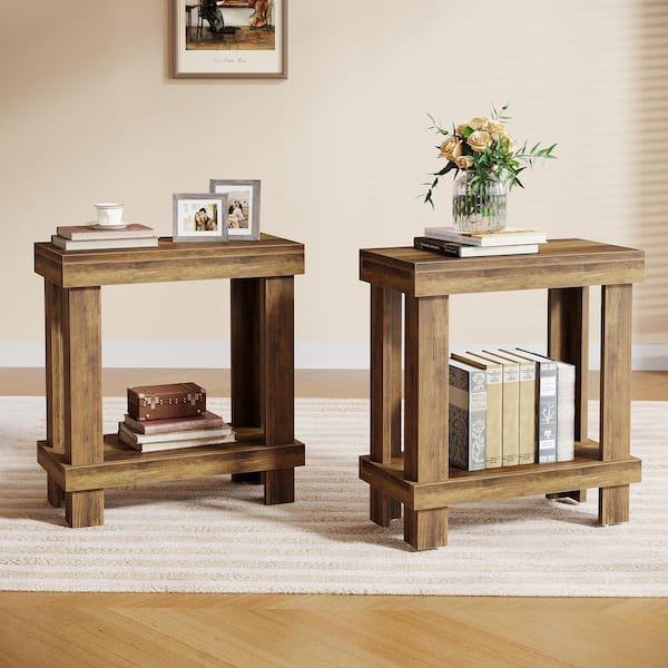 TRIBESIGNS WAY TO ORIGIN Andrea 23.62 in. Rustic Brown Rectangle Wood End Table w/ Shelf, Nightstand w/ Storage for Living Room Bedroom, 2-Pieces