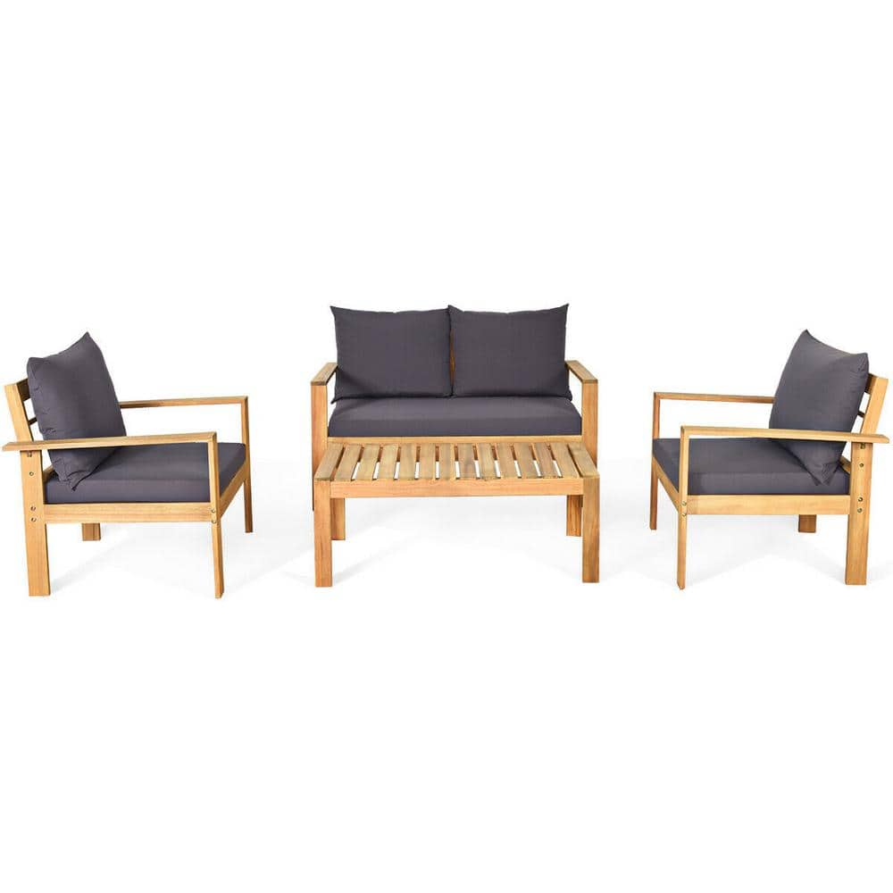 4-Piece Acacia Wood Patio Conversation Set with Gray Cushions and Wood Slat Top Table price history on PriceWatchPro