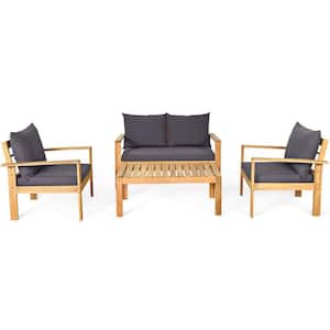 4-Piece Acacia Wood Patio Conversation Set with Gray Cushions and Wood Slat Top Table