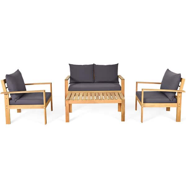 FORCLOVER 4-Piece Acacia Wood Patio Conversation Set with Gray Cushions and Wood Slat Top Table