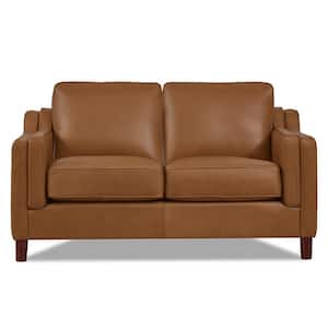 Bella 61 in. W Cognac Brown Solid Genuine Leather 2-Seater Loveseats with Removable Cushions