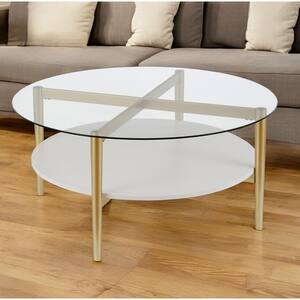 36 in. Gold Round Glass Coffee Table with Shelves Storage