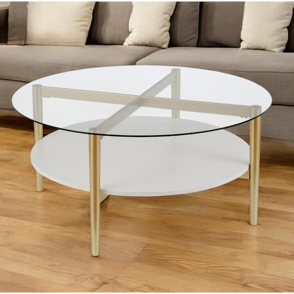 HomeRoots 36 in. Gold Round Glass Coffee Table with Shelves Storage