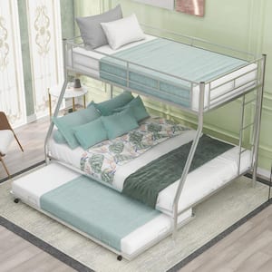 Silver Metal Twin Over Full Kids Bunk Bed with Twin Trundle, Heavy Duty Metal Bunk Bed Frame with Guardrail and Ladders