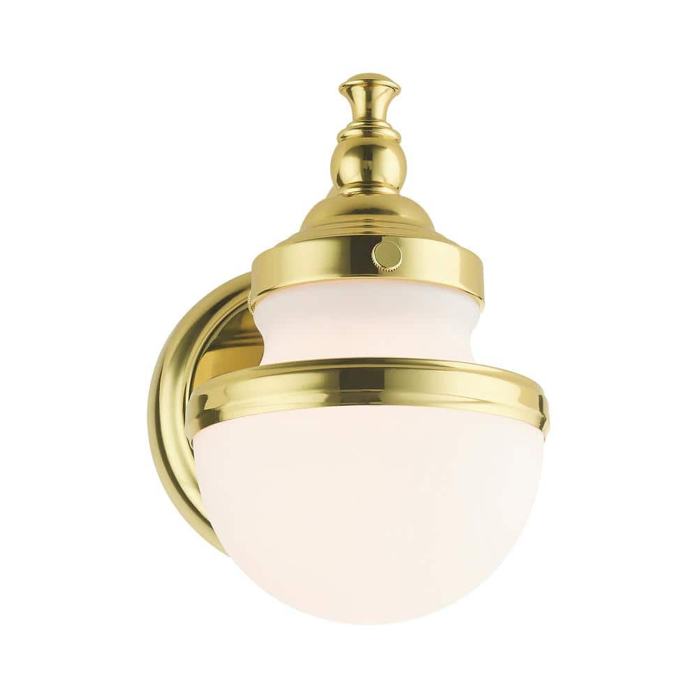 Oldwick Polished Brass 1-Light Sconce with Satin Opal White Glass