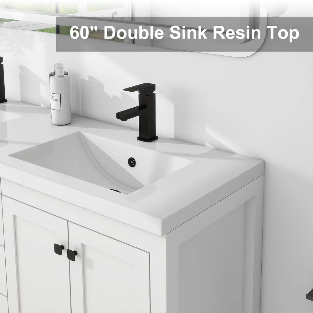 White MDF Double Sink Bathroom Vanity with Resin Top and Black Hardware