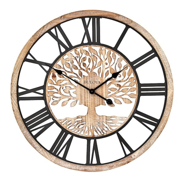 Bulova Tree of Life oversized 26.75 in. wall clock with a wood grain case, Roman numerals