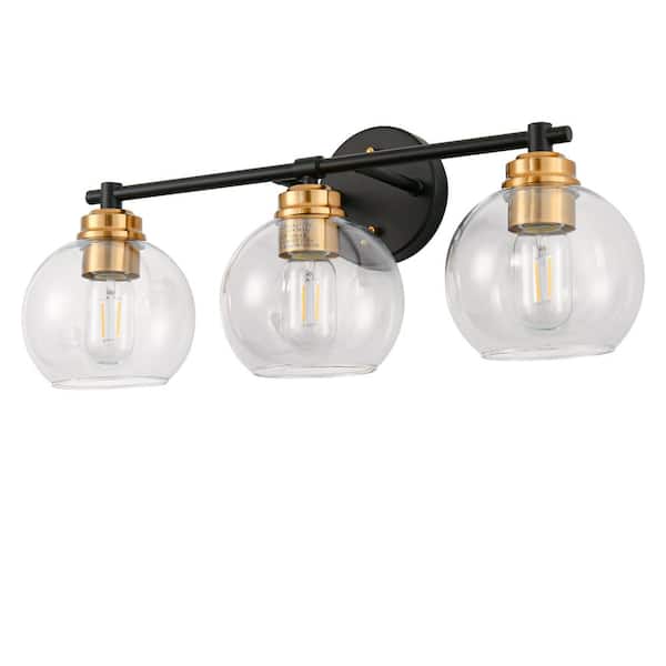 YANSUN 22 in. 3-Light Black and Gold Modern Bathroom Vanity Light with Clear Glass Shades, Wall Sconce for Large Spaces