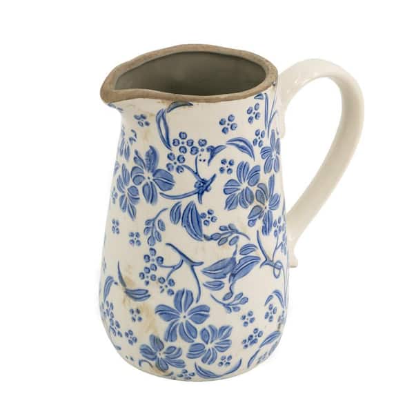 7 in. White Ceramic Picther Decorative Vase 1-Piece w/ Handle