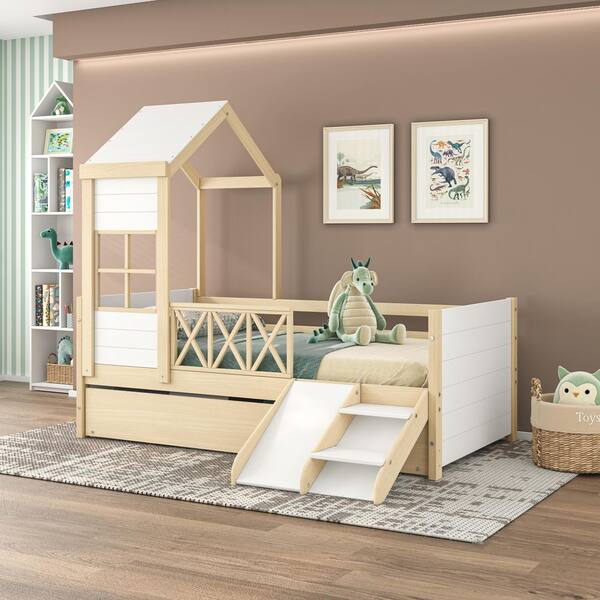 Cozy Natural and White Twin Daybed with Roof, Trundle and Mini Slide