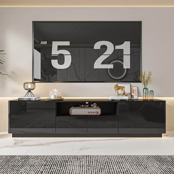 FUFU&GAGA Black Mirror Finished Luxury Wooden TV Stand Entertainment Center for TVs up to 75 in. with 4-Drawers, 1-Shelf and Light