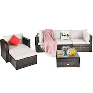 6-Piece Wicker Outdoor Patio Conversation Set Rattan Furniture Sofa Set with White Sectional Cushions