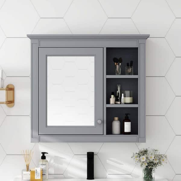 30 in. W x 28 in. H Rectangular MDF Surface-Mount Bathroom Medicine Cabinet with Mirror and 3 Open Shelves, in Gray
