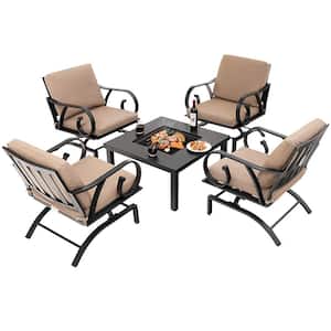 5-Pieces Patio Metal Dining Set Heavy-Duty Rocking Chairs with 4-in-1 Fire Pit Table with Brown Cushions