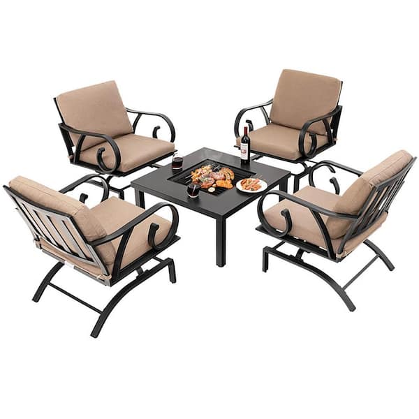 Gymax 5-Pieces Patio Metal Dining Set Heavy-Duty Rocking Chairs with 4-in-1 Fire Pit Table with Brown Cushions