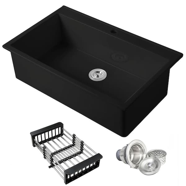 Black Fireclay 36 in. Single Bowl Drop-in Mount Kitchen Sink with Basket Strainer