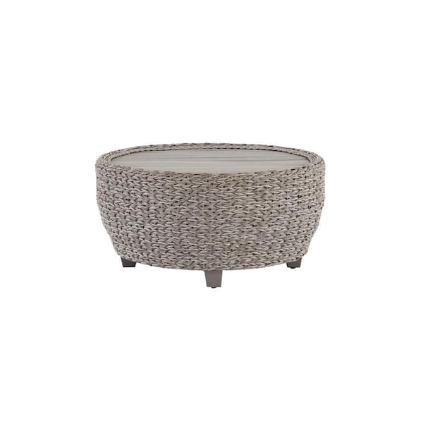 Hampton Bay 36 in. Megan Grey All-Weather Wicker Outdoor Patio Large Round Coffee Table with Slatted Wood Top