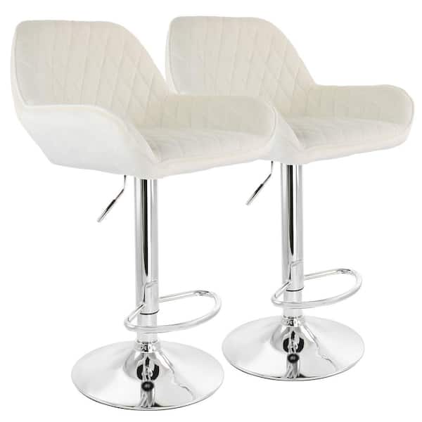 Elama 32 in. White Velvet Low Back Adjustable Bar Stool with Chrome Base (Set of 2)