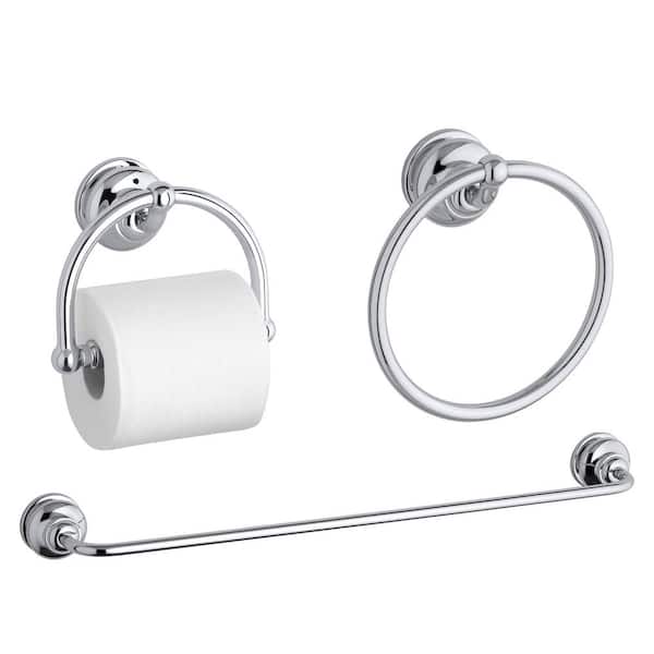 KOHLER Fairfax 3-Piece Hardware Bundle with Towel Bar, Towel Ring and Toilet Paper Holder in Polished Chrome