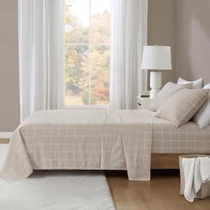 Oversized Cotton Flannel 4-Piece Beige Windowpane Queen Sheet Set