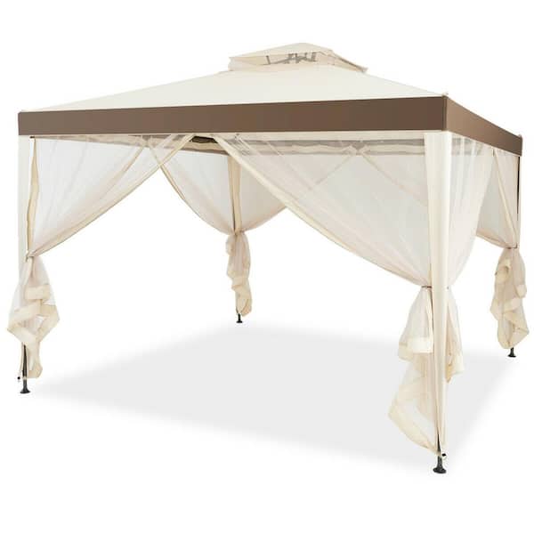 ANGELES HOME 10 ft. x 10 ft. Beige Patio Canopy Gazebo with Neting and Double Tiered Roof