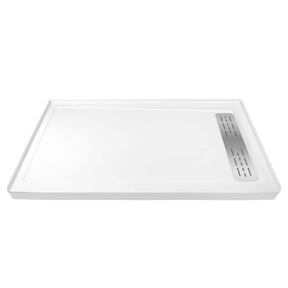 60" x 32" White Acrylic Shower Base with Stainless Steel Drain Cover