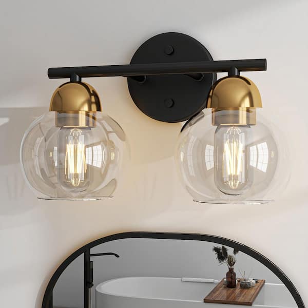 13 in. Black and Gold 2-Light Bathroom Vanity Light Over Mirror with Globe Glass Shade