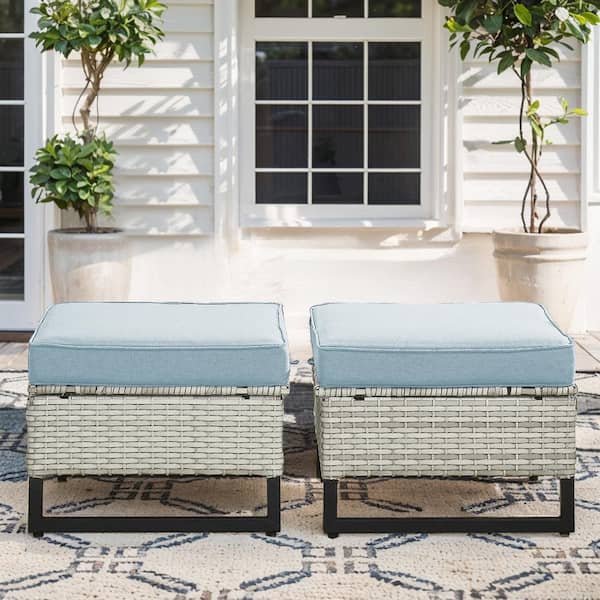 U-Weave Metal and Light Beige Wicker Outdoor Ottoman with Olefin Baby Blue Family Cushion (2-Pack)