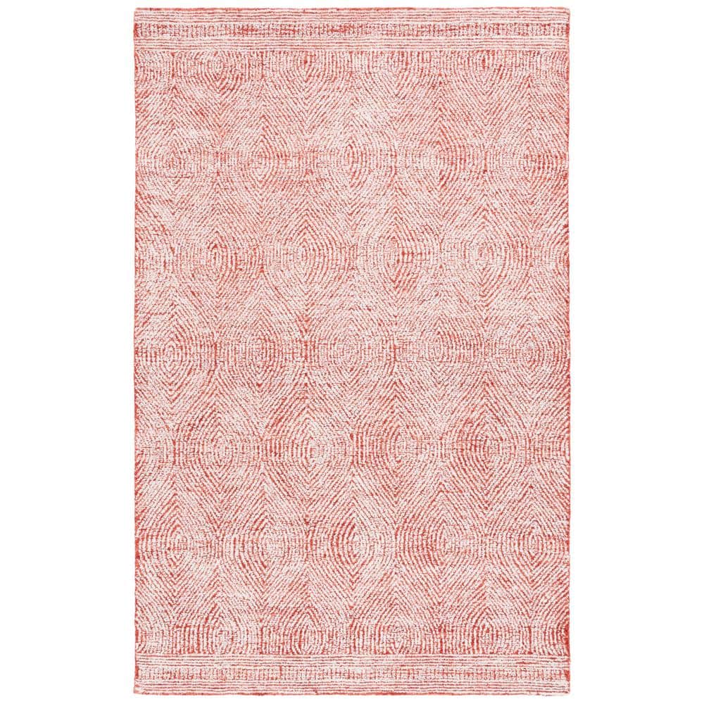 Ivory and Red Handmade Tufted Wool Abstract Rug, 5' x 8'