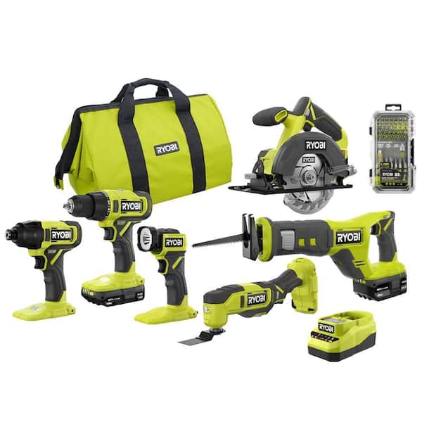 ONE+ 18V Cordless 6-Tool Combo Kit with 1.5 Ah Battery, 4.0 Ah Battery, Charger, and Diamond Grit Driving Set (52-Piece)