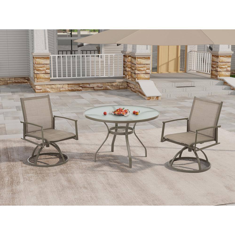 3-Piece Metal Outdoor Bistro Set with Tan PVC Sling Swivel Rocker Chairs an