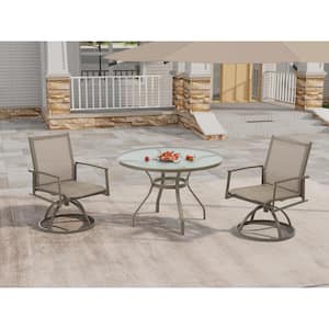 3-Piece Metal Outdoor Bistro Set with Tan PVC Sling Swivel Rocker Chairs and Round Cast-Top Outdoor Table for Backyard