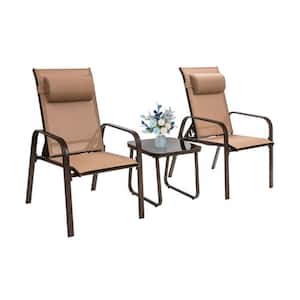 3-Piece Brown Metal Stackable Bistro Patio Conversation Set with Adjustable Backrest and Tempered Glass Table