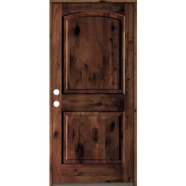 Krosswood Doors 36 in. x 80 in. Rustic Knotty Alder Arch Top Red Mahogany Stain Right-Hand Inswing Wood Single Prehung Front Door