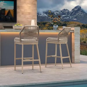 Modern Aluminum Twill Wicker Woven Counter Height Outdoor Bar Stool with Back and Sunbrella Taupe Cushion (2-Pack)