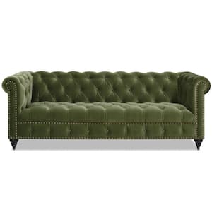 Alto 88 in. Rolled Arm Traditional Tufted Glam Performance Velvet Chesterfield Living Room Sofa Couch in Olive Green