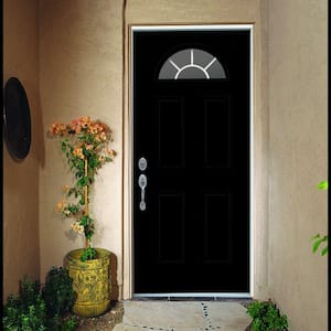 36 in. x 80 in. Fan Lite Black Painted Steel Prehung Right-Hand Inswing Front Door w/Brickmould