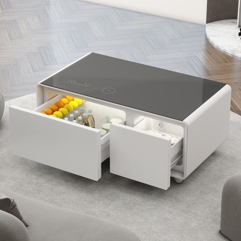 White Plastic Outdoor Smart Side Table Coffee Table with Fridge ...
