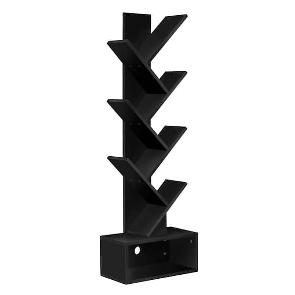 7-Tier Tree Bookshelf, 44.25 in. Tall Black Faux Wood 7-Shelf Accent Bookcase with Storage Shelf