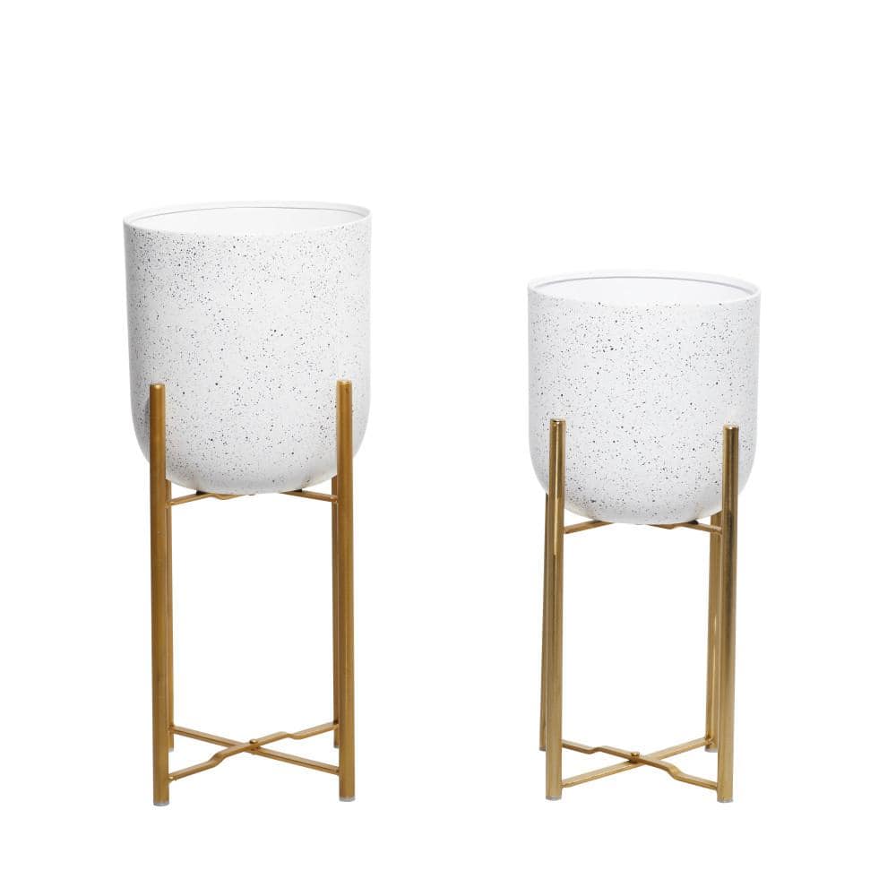White Speckled Metal Planters with Gold Stands, Set of 2