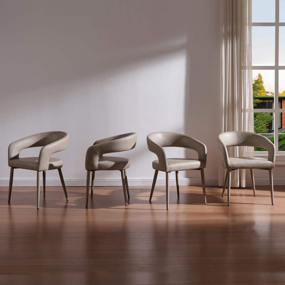 Subtle Luxury Greige Faux Leather Dining Chair with Curved Backrest and Upholstered Seat for Kitchen Set of 4