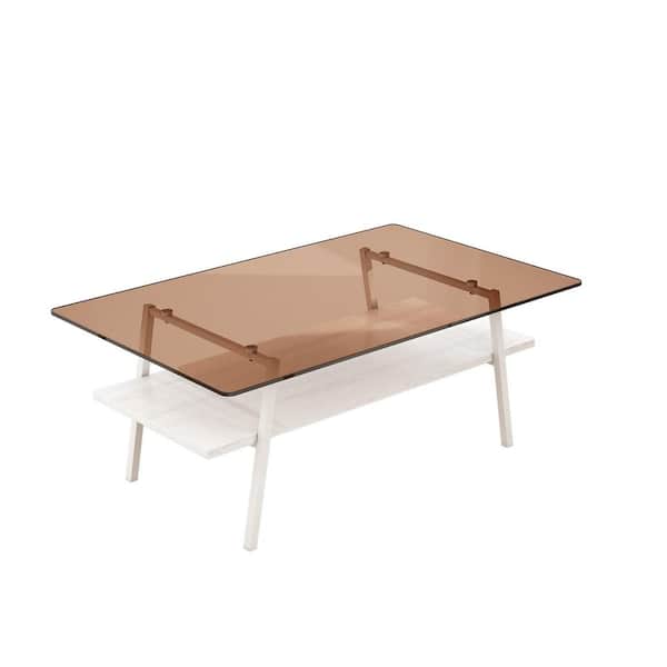 38.58 in. Modern Rectangle Tempered Brown Glass Coffee Table, White Metal Legs & MDF Base for Living Room