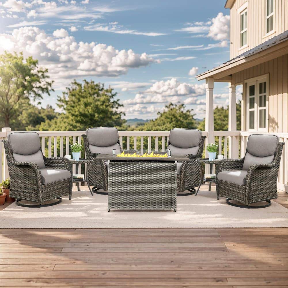 Luxury Gray Wicker Fire Pit Conversation Set with Olefin Gray Cushions and Patio Swivel Chairs/Side Tables (7-Piece) price history on PriceWatchPro